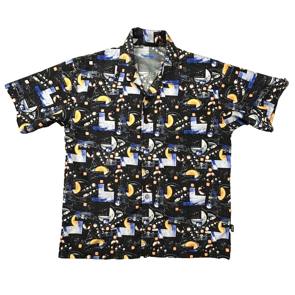 90’s Men's Black Solar System Space Casual Button Down Short Sleeve Shirt